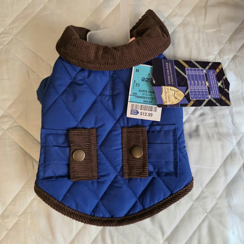 Blue Quilted Dog Jacket with Brown Trim